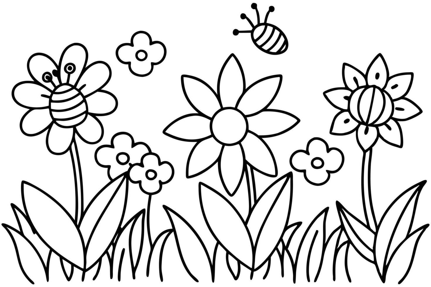 Simple Flower Garden with Bee in Black and White Outline Style Design vector