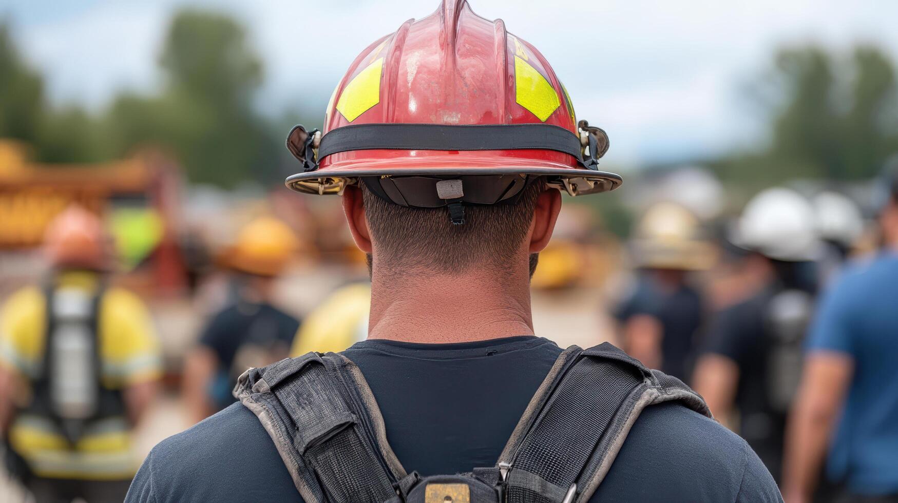 Firefighter in helmet observing community event, showcasing teamwork and dedication photo