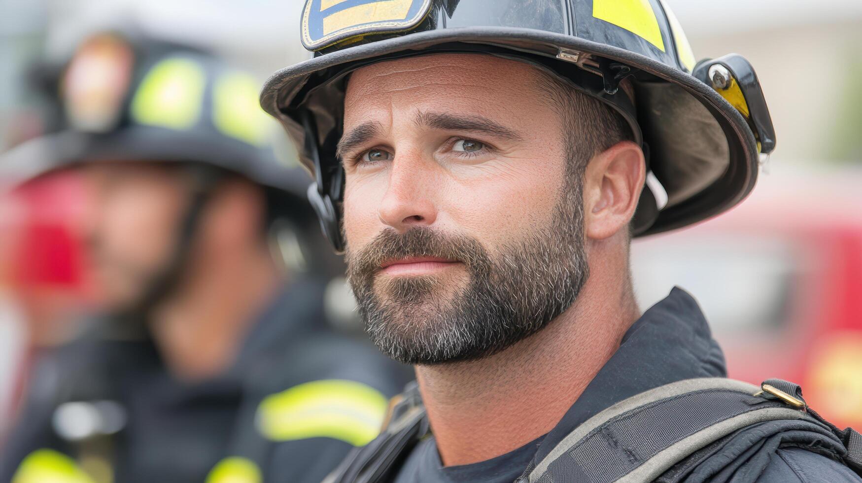 Brave firefighter in uniform, showcasing determination and strength during community event photo