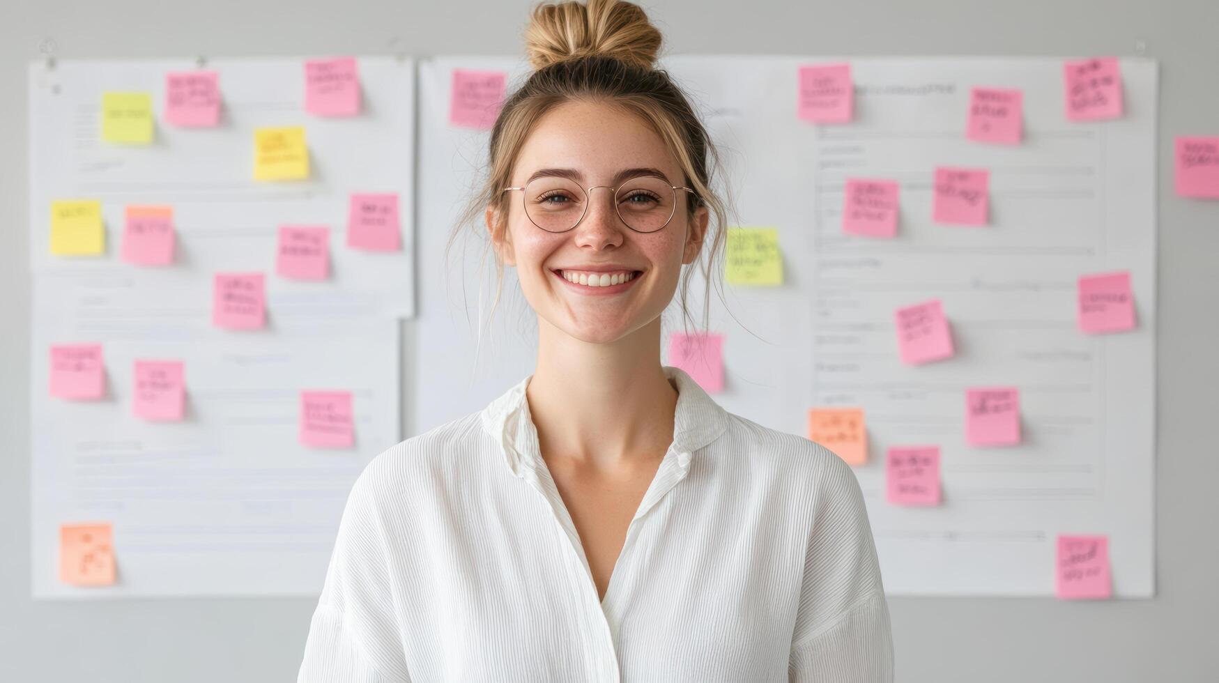 smiling woman with glasses stands front of wall covered colorful sticky notes, exuding photo