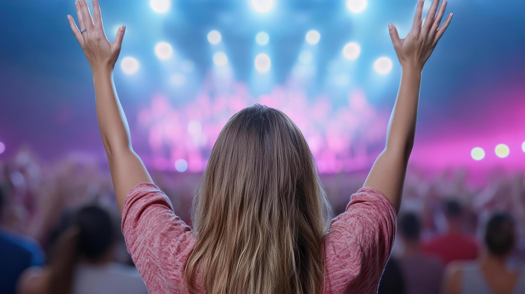 person enjoying concert with hands raised, surrounded by vibrant lights and cheering crowd photo