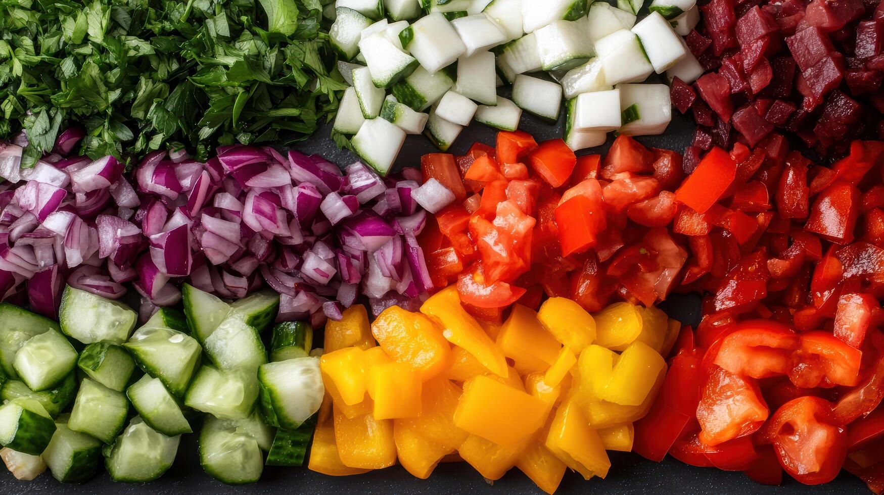 Fresh chopped vegetables arranged in vibrant rows, showcasing colorful salad preparation photo