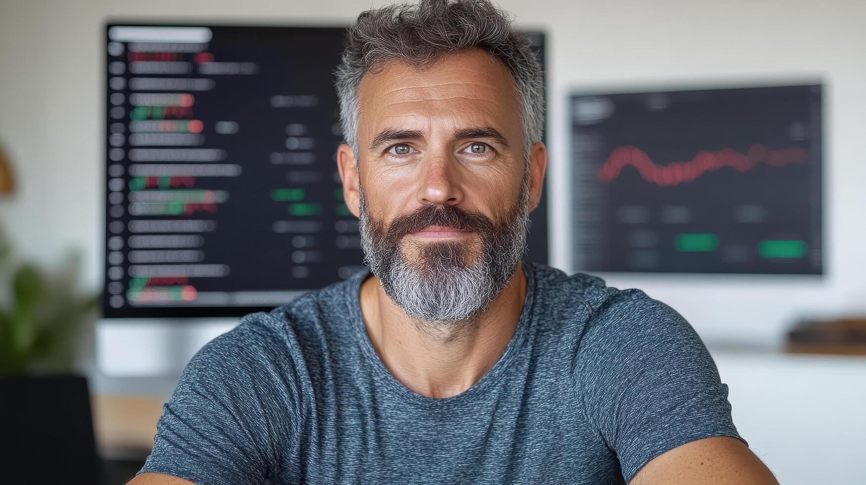 confident man with beard is focused on cryptocurrency investments, surrounded by digital charts photo