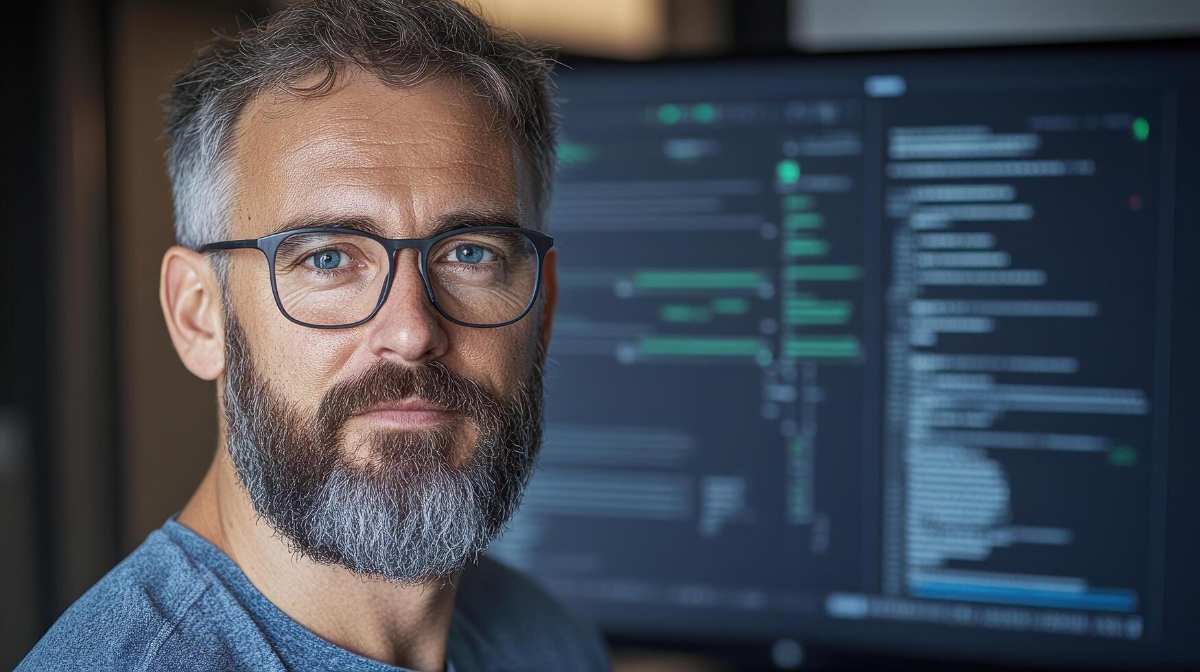 cybersecurity expert analyzing data on computer screen, showcasing focus and expertise photo