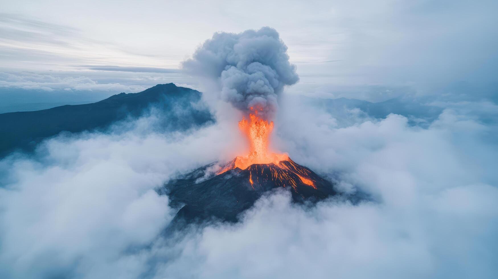 Majestic volcanic eruption with lava and smoke billowing into sky, creating dramatic scene photo