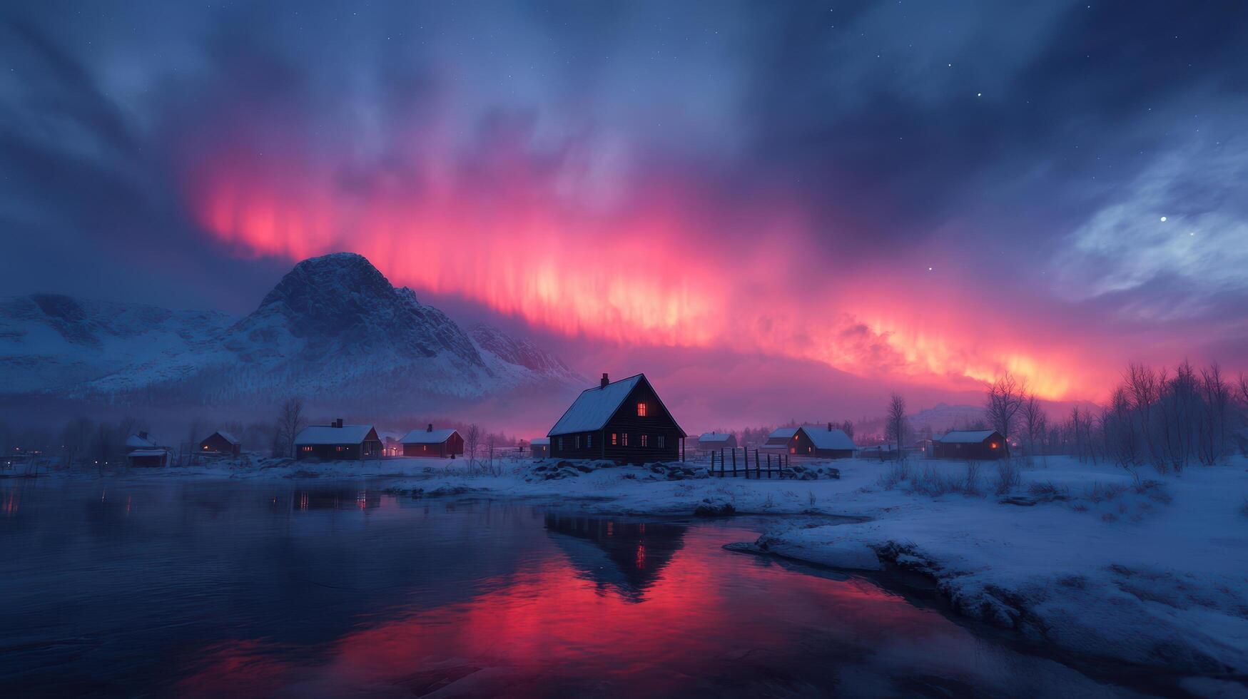 breathtaking display of Northern Lights illuminates winter landscape, with cozy cabin reflecting photo