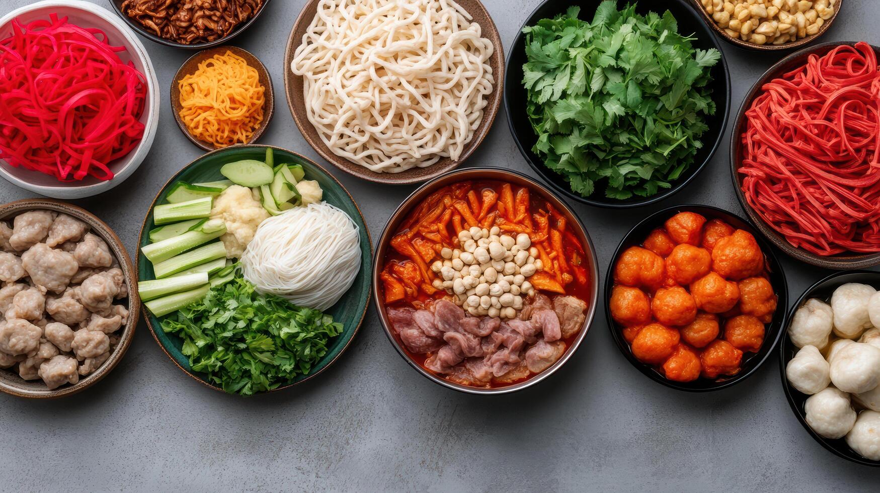vibrant spread of ingredients for hot pot meal, featuring noodles, vegetables, and meatballs photo