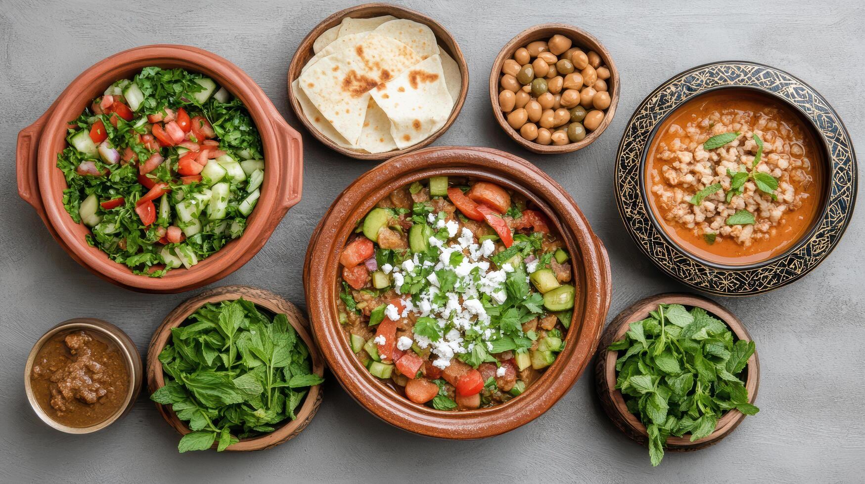 vibrant Moroccan dining table set featuring variety of dishes, including salads, stews photo