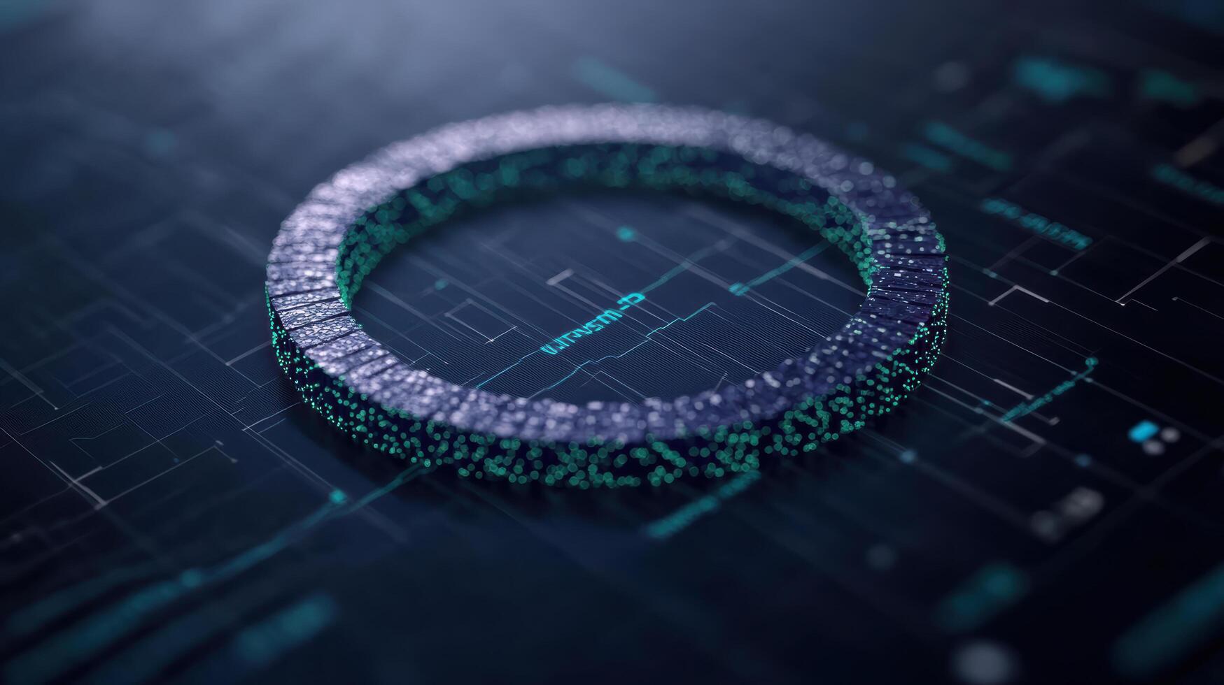 digital representation of circular structure with glowing particles, symbolizing technology and photo