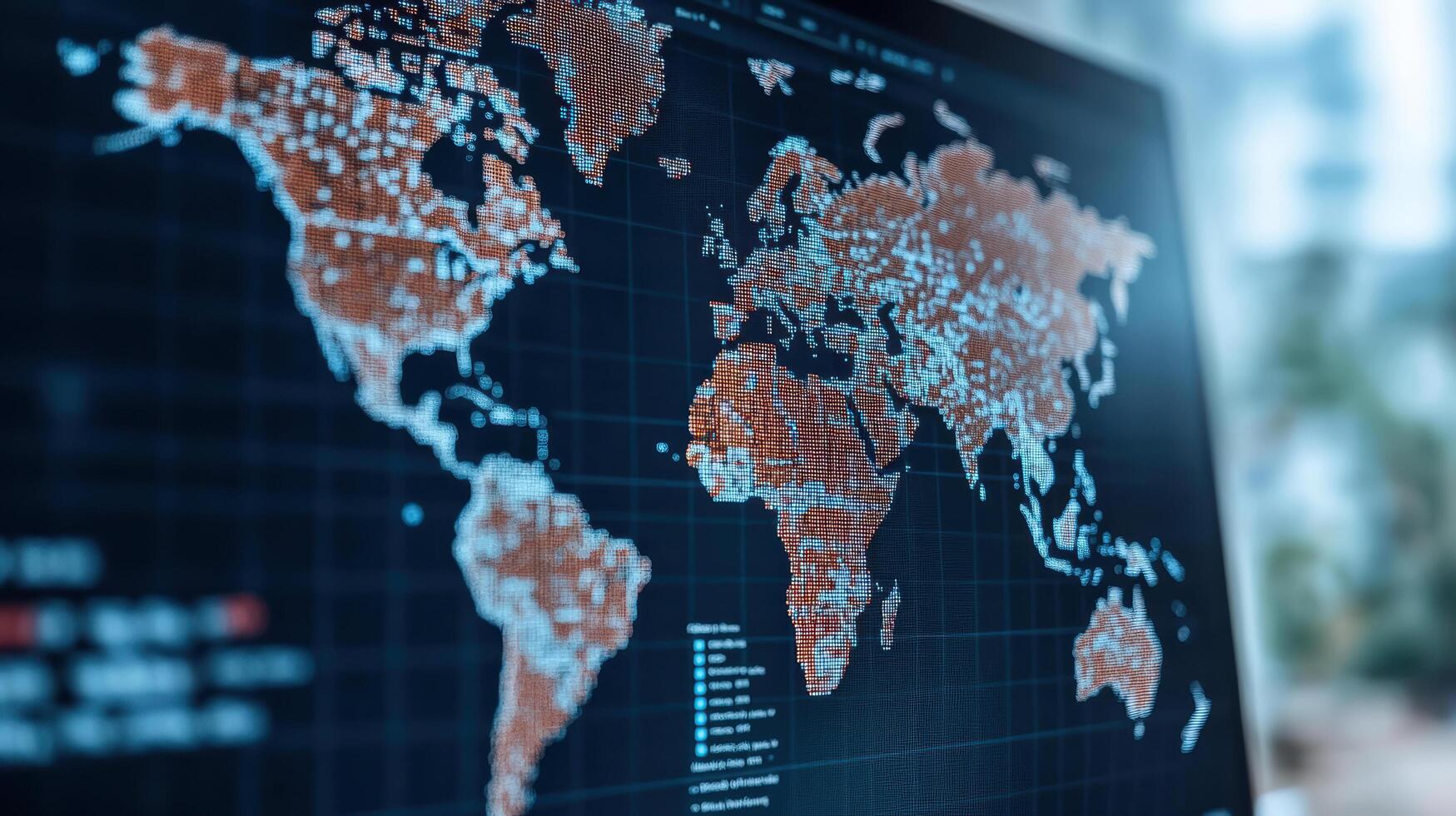 detailed world map displayed on digital screen, showcasing data points across continents photo