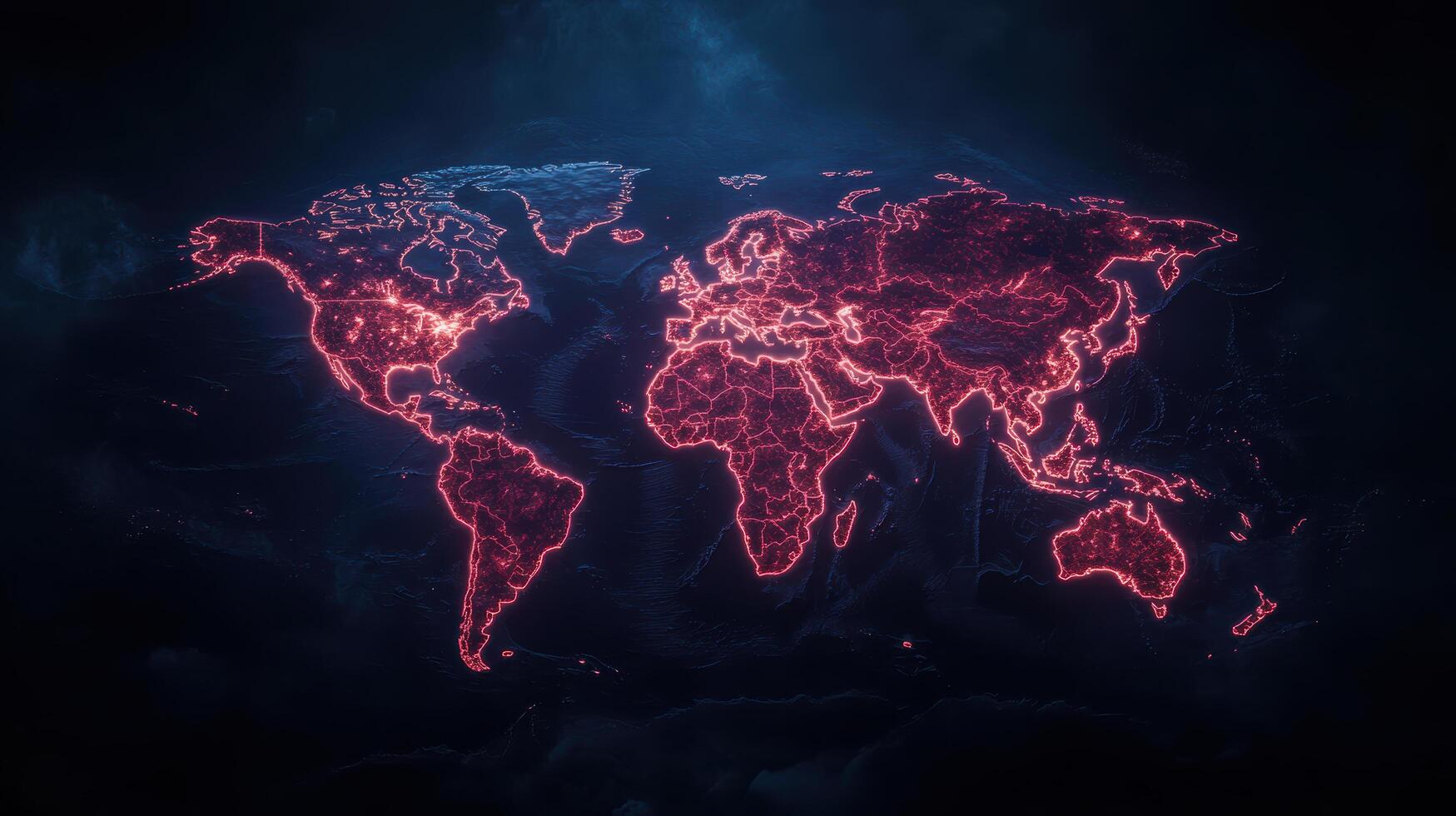 glowing world map with neon red outlines, showcasing global connections and data visualization photo