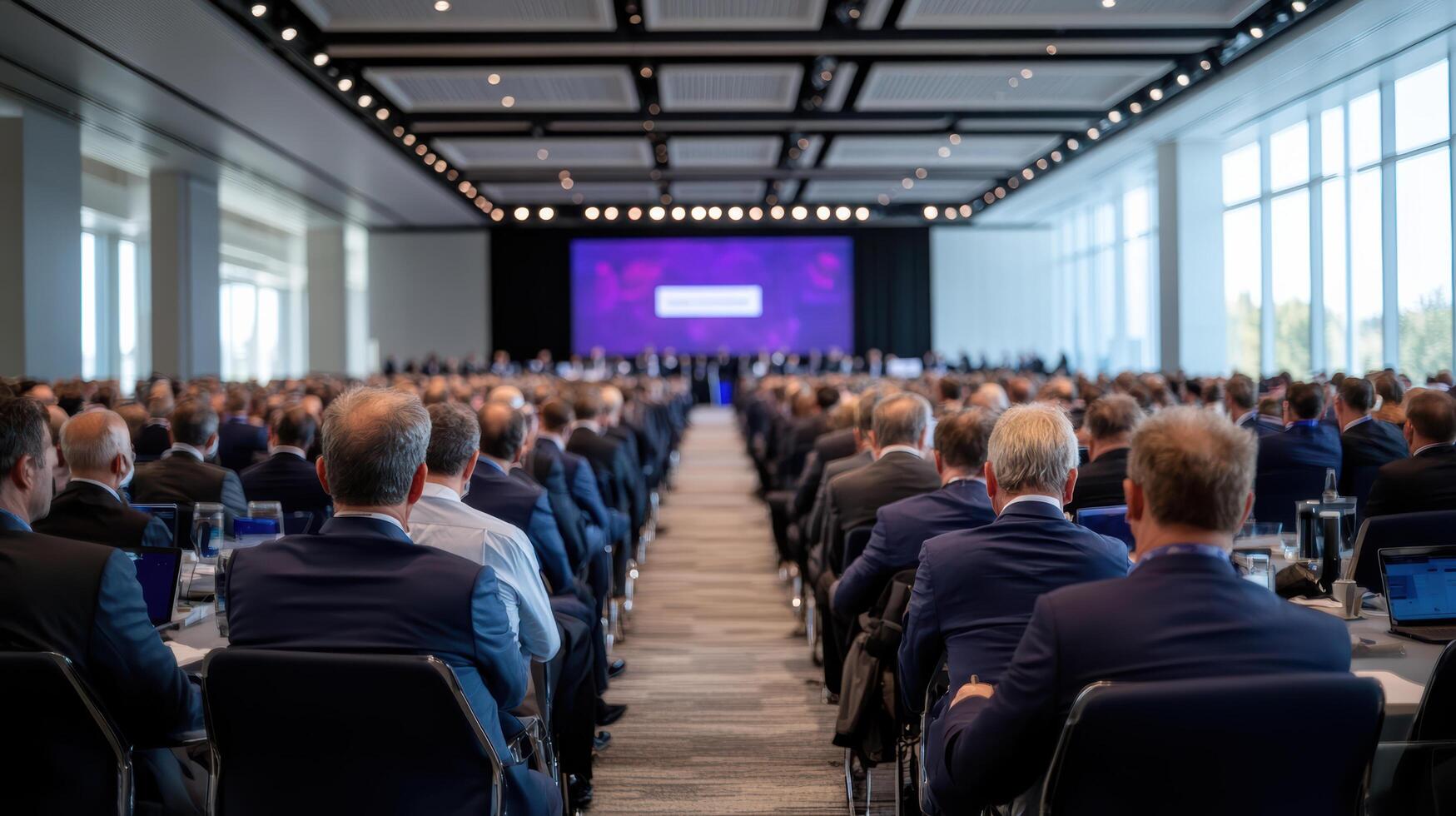 large conference room filled with attendees, engaged in financial summit discussion photo