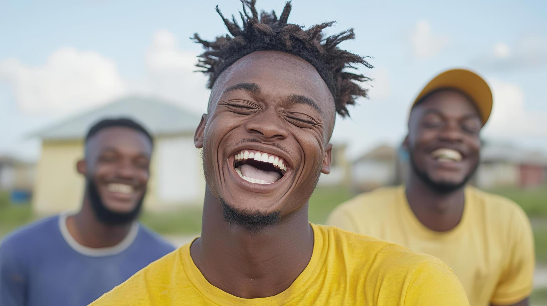 Joyful friends laughing together in sunny outdoor setting, showcasing happiness and camaraderie photo