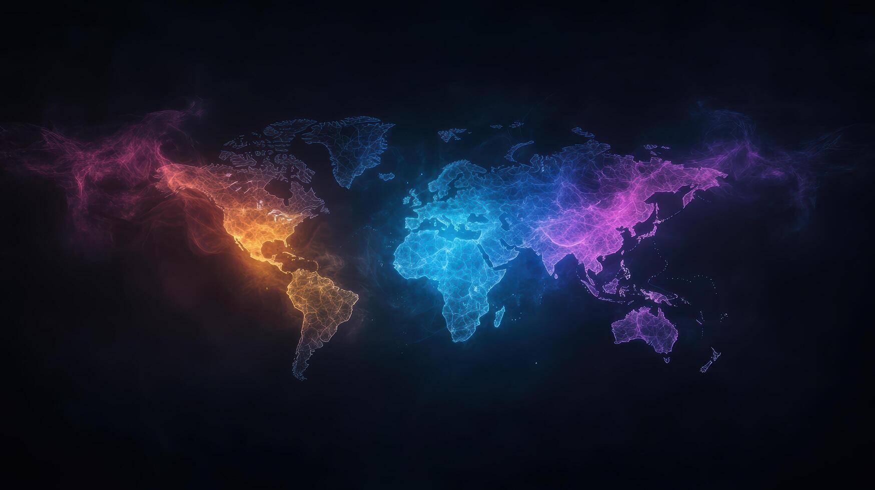 vibrant world map illuminated with colorful light effects, showcasing blend of orange, blue photo