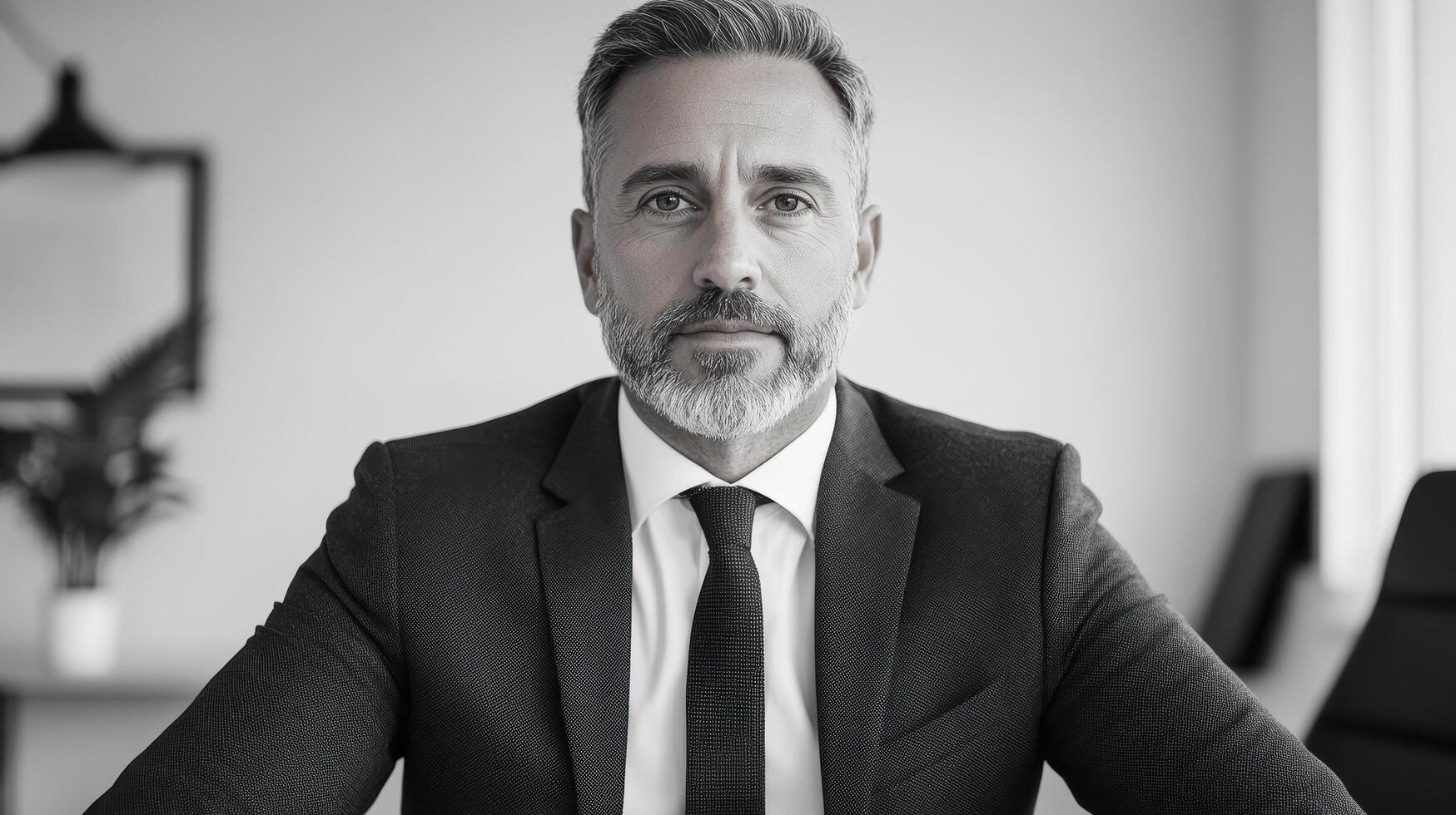 Professional man in suit, serious expression, office setting, black and white photography photo