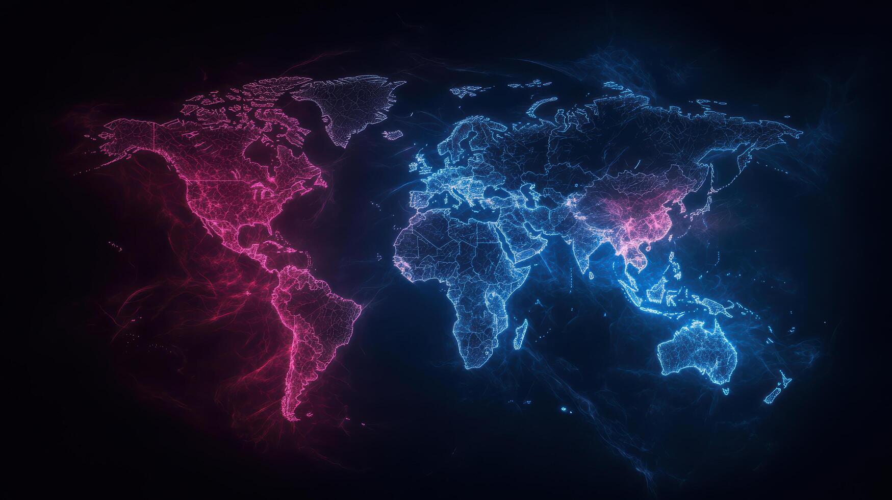 vibrant world map illuminated pink and blue hues, showcasing global regions with modern photo