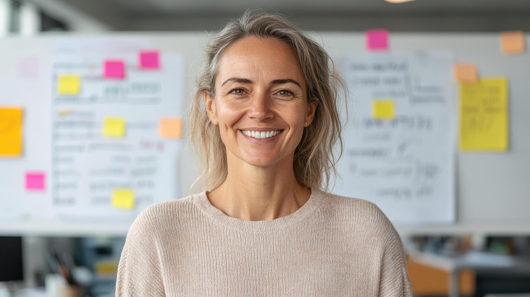 Smiling woman in modern office with colorful sticky notes and brainstorming materials photo