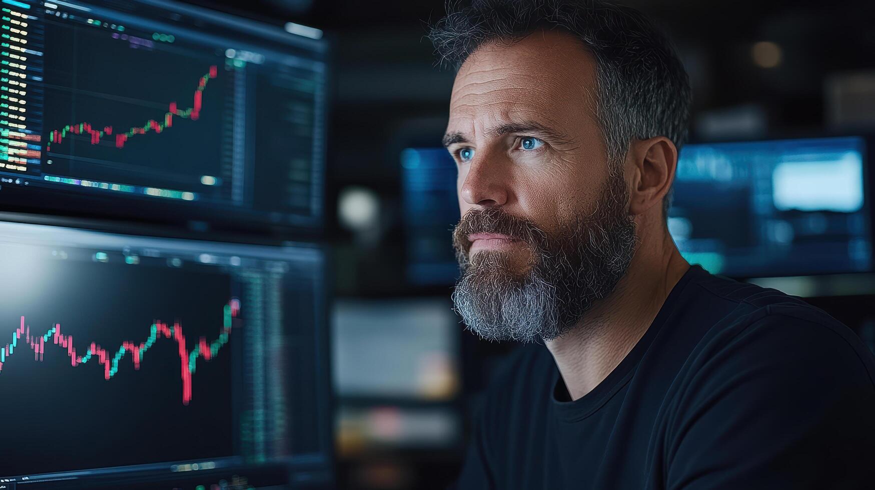 Focused trader analyzing market trends high tech trading room with multiple screens displaying photo