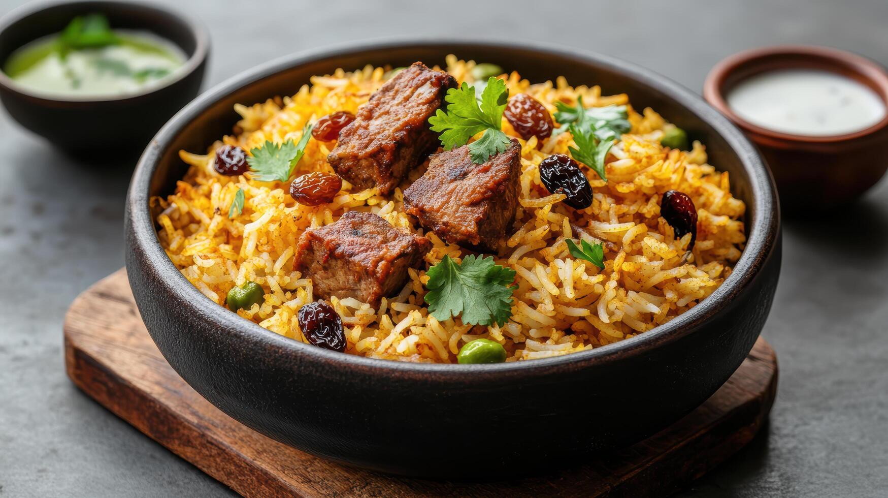 delicious bowl of biryani featuring tender meat, fragrant rice, and garnished with herbs photo