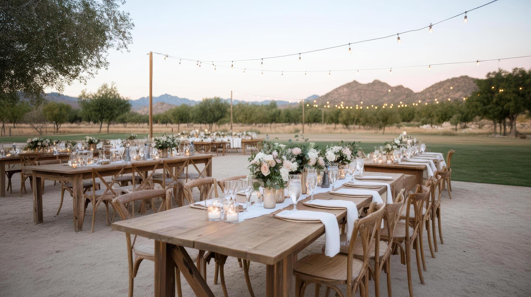 beautifully set outdoor wedding reception with elegant tables, floral arrangements photo