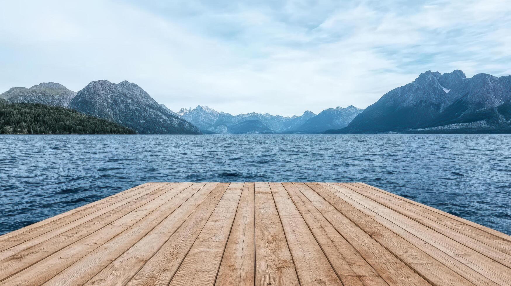 serene wooden dock extends over tranquil lake, surrounded by majestic mountains and cloudy sky photo