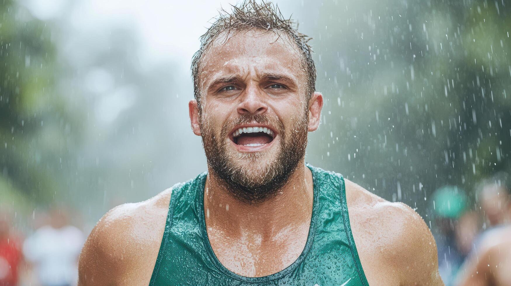Drenched in sweat, determined runner pushes through rain, showcasing resilience and strength photo