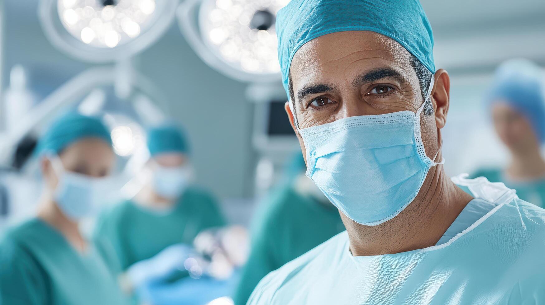 medical professional surgical attire smiles confidently operating room, showcasing teamwork and photo