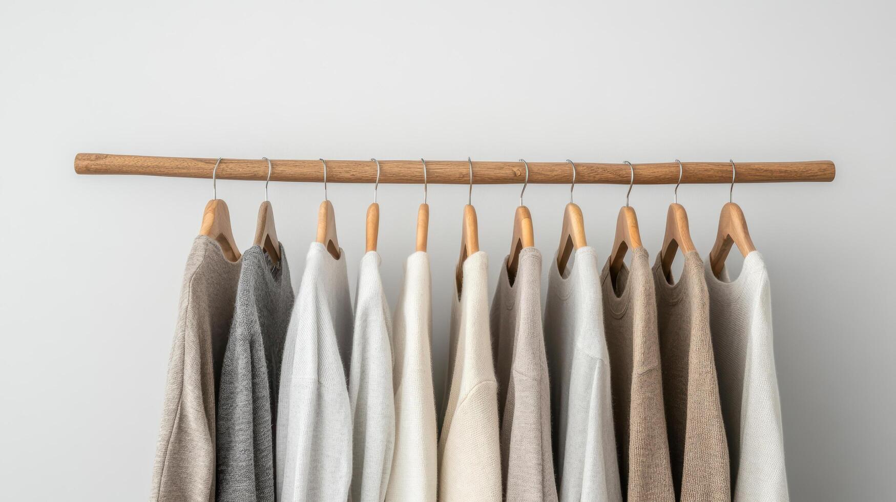 Minimalist closet featuring neutral toned sweaters hanging wooden rack, creating serene photo
