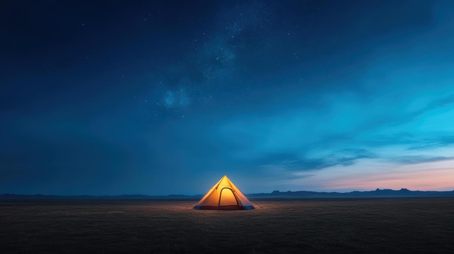 serene camping scene featuring glowing tent under starry sky, evoking tranquility and adventure photo