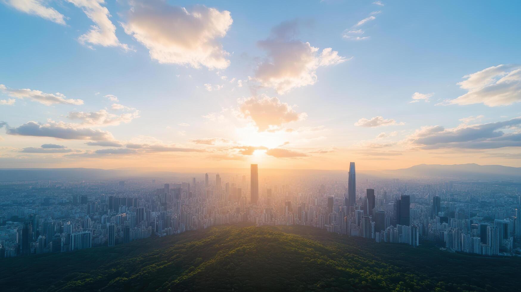 stunning skyline view of modern city at sunset, showcasing tall buildings and lush greenery photo