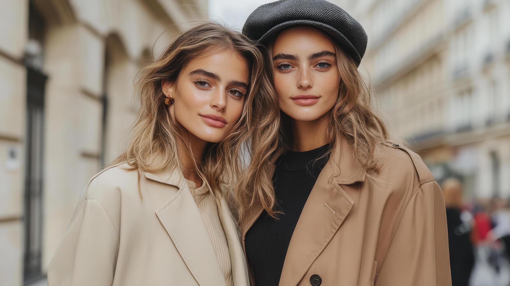 Stylish models pose together in chic outerwear, showcasing modern fashion trends photo