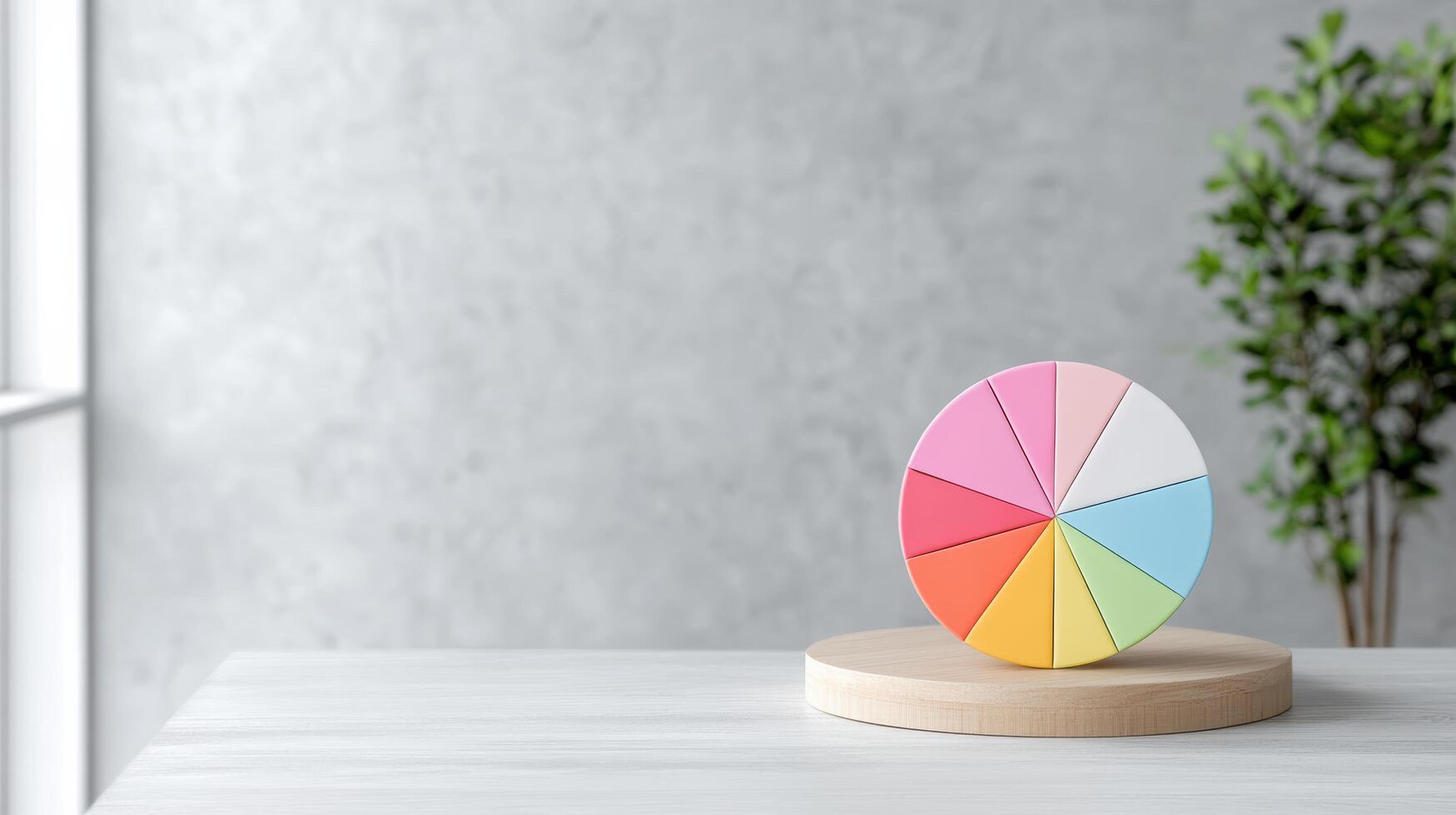 Colorful pie chart on wooden base, symbolizing data distribution and analysis photo