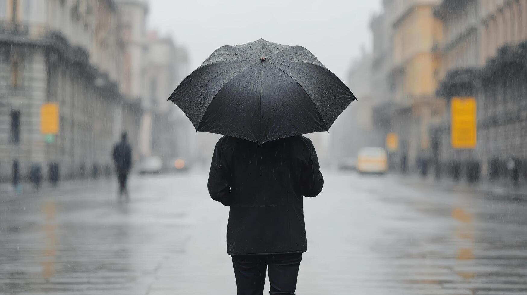 person walking alone with umbrella on rainy street, creating reflective atmosphere photo