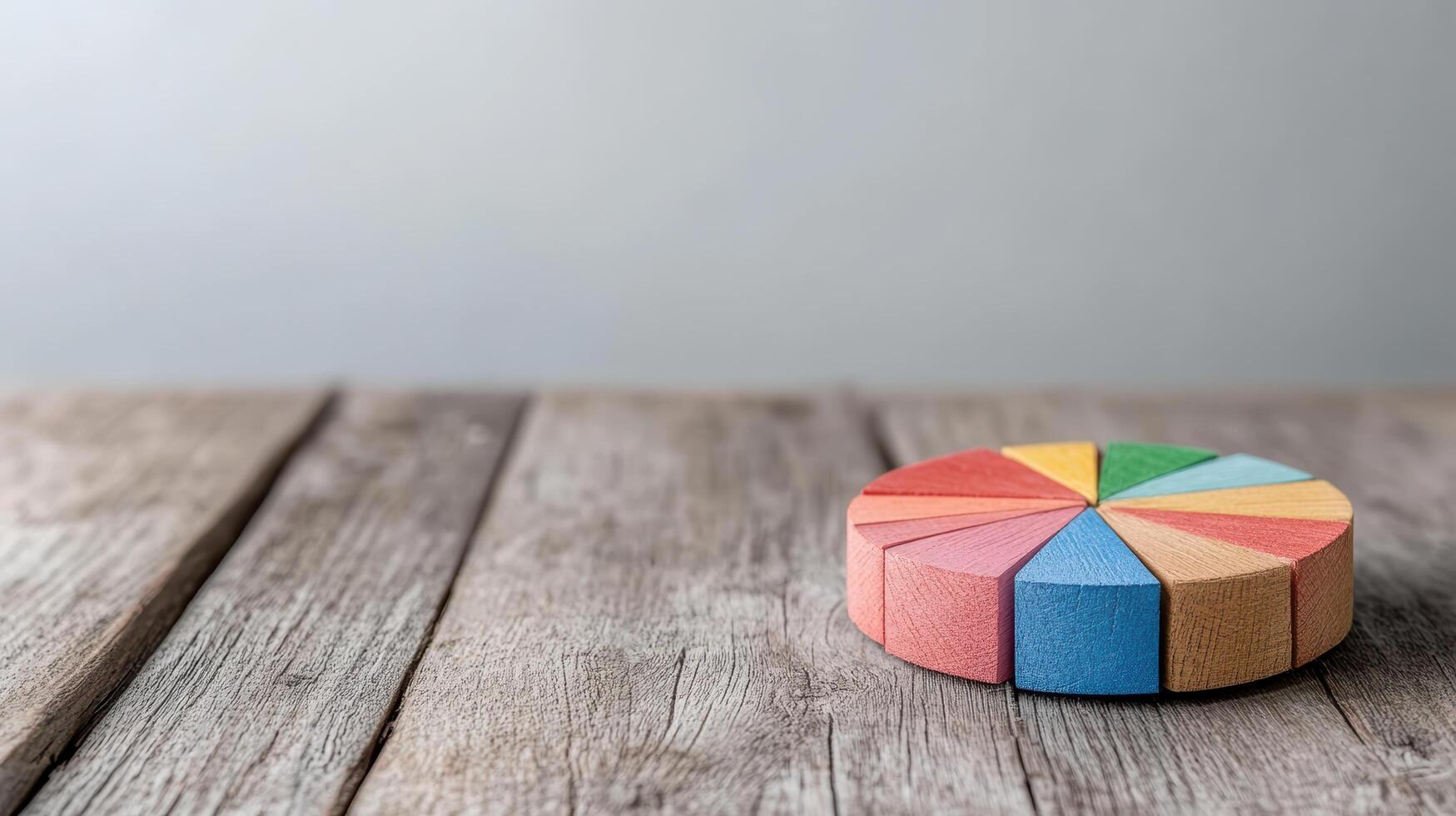 Colorful pie chart made of wooden pieces rustic wooden table, showcasing creativity and design photo