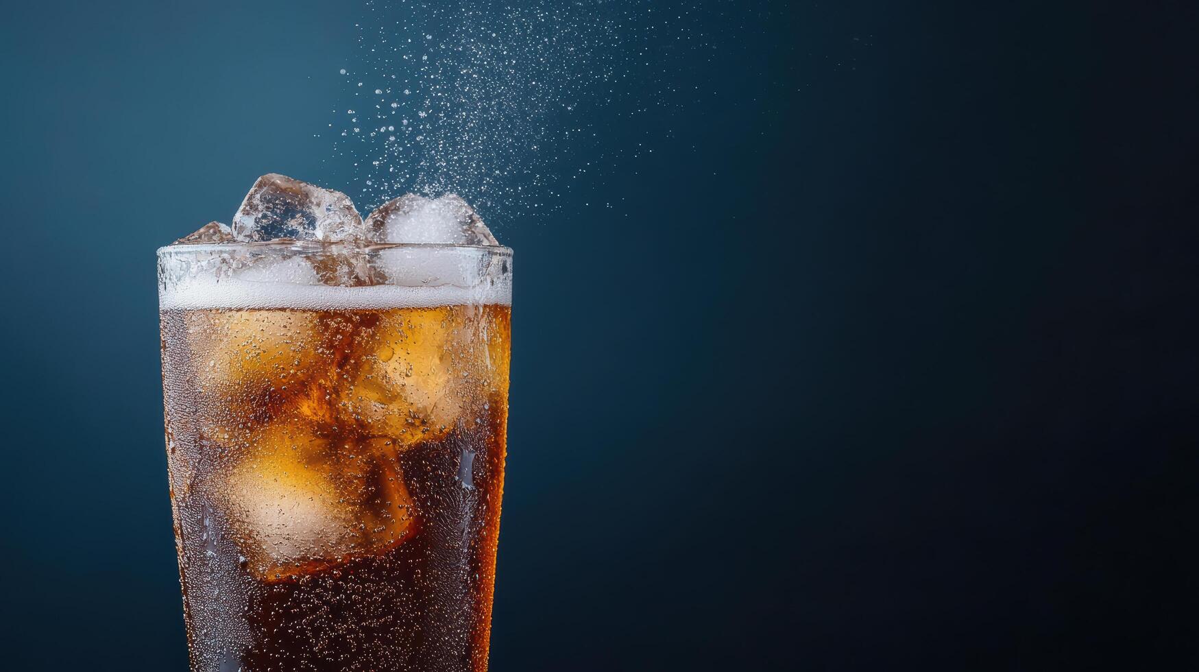 refreshing glass of soda filled with ice cubes, sparkling and inviting photo
