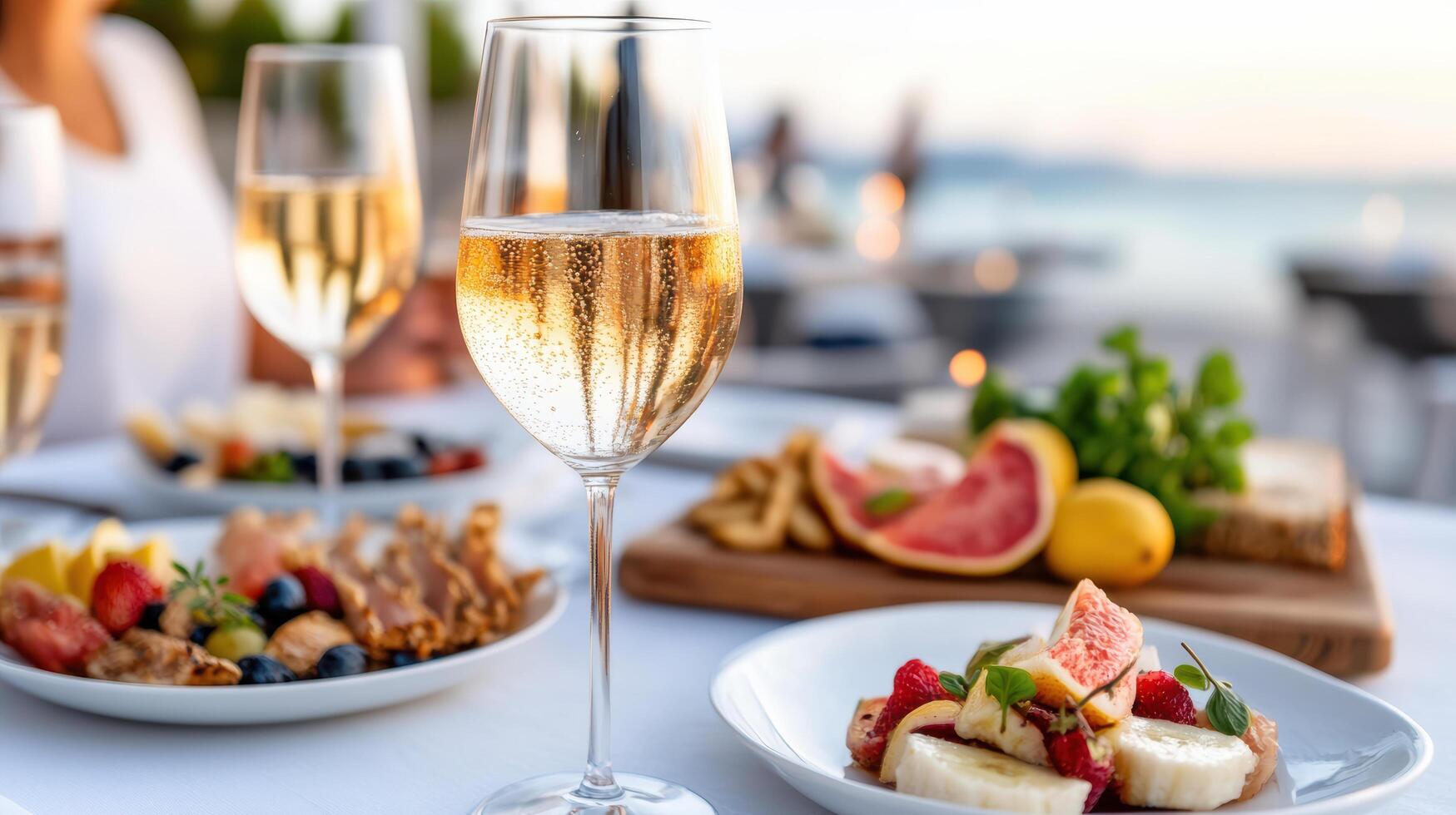 romantic outdoor dining experience featuring sparkling wine, fresh fruits, and gourmet dishes photo
