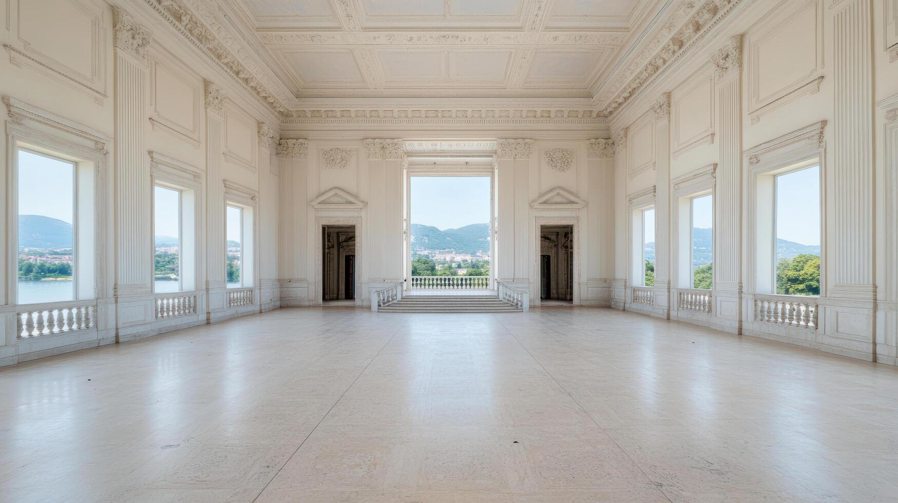 grand, empty hall with elegant architecture and large windows showcasing scenic view photo