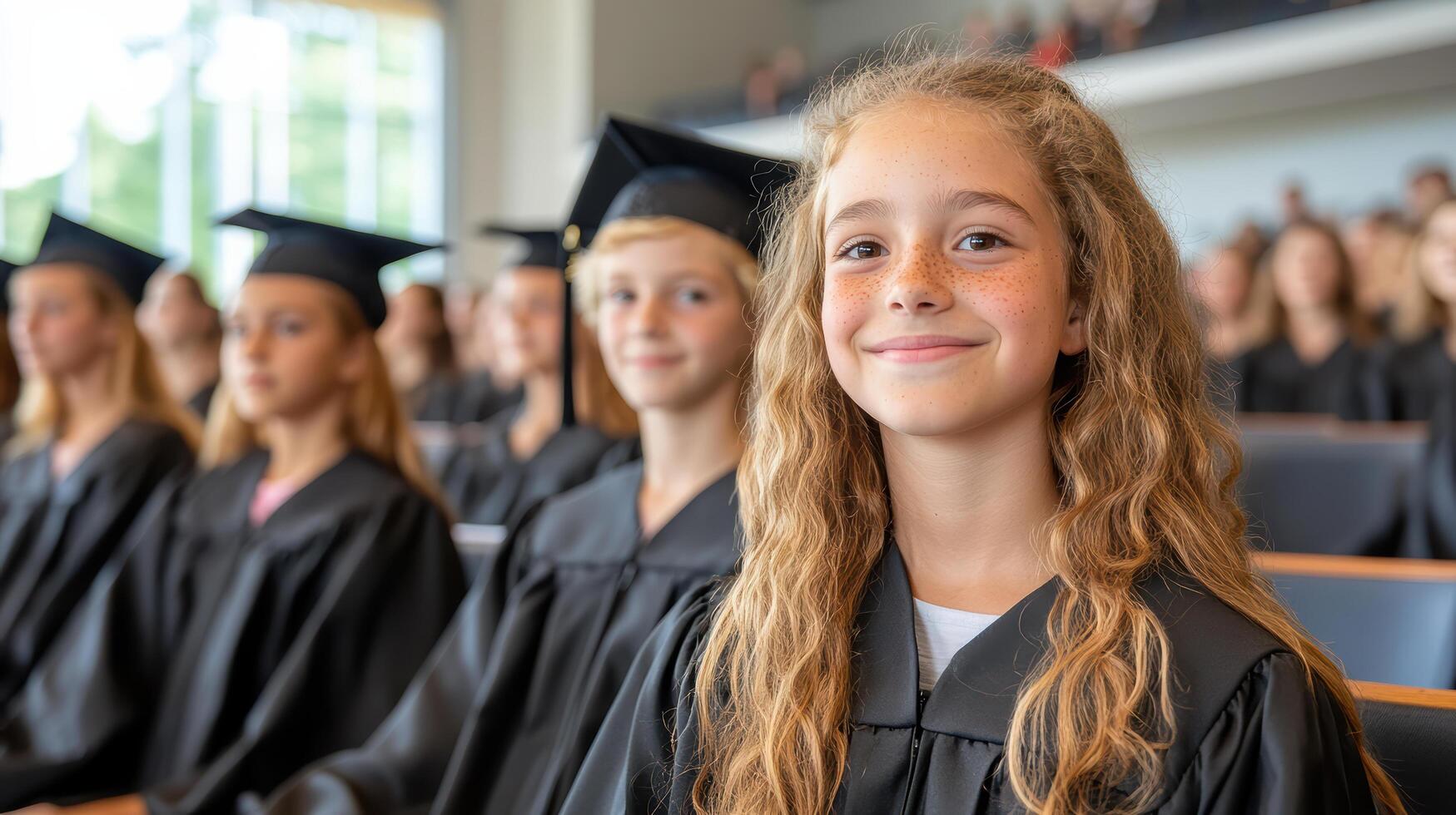 joyful girl in graduation gown smiles proudly among her classmates in filled auditorium photo