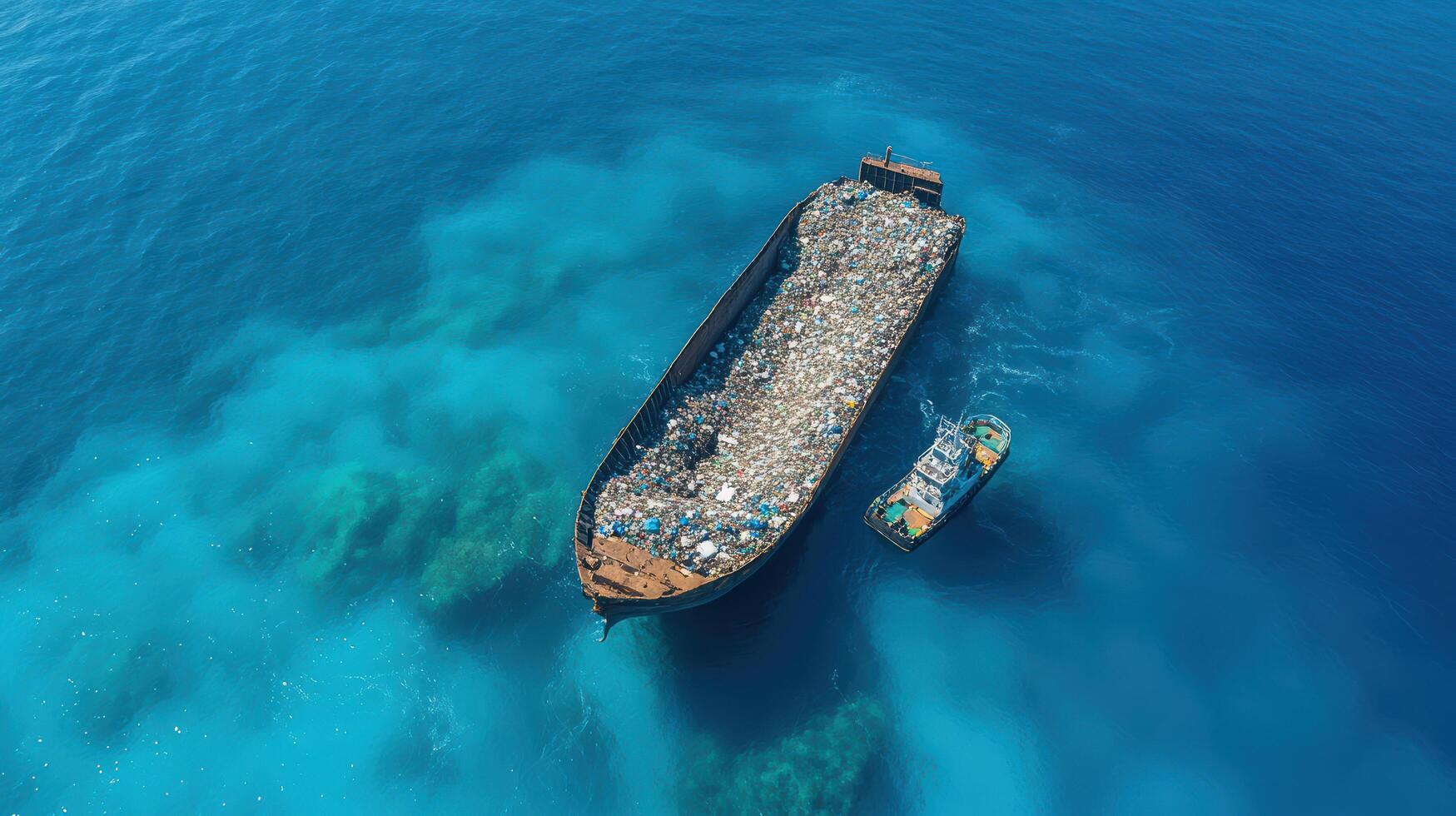Aerial view of large ship filled with waste, surrounded by clear blue water, highlighting photo