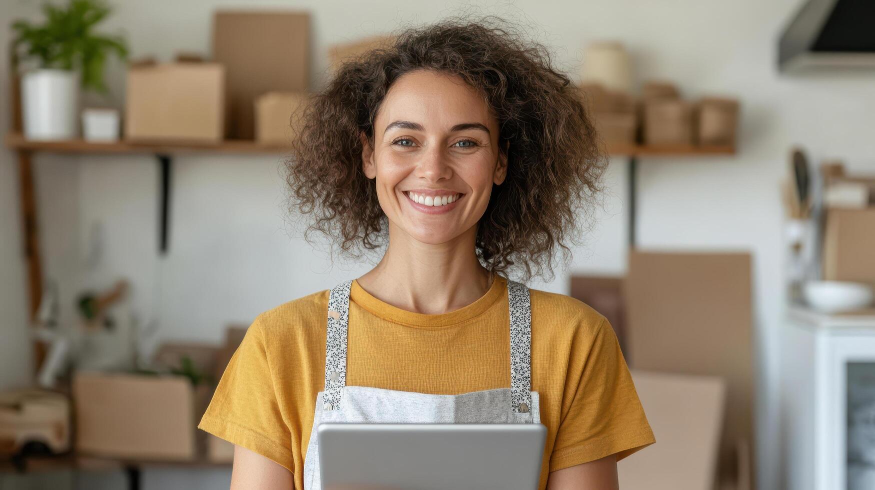 Smiling woman holding tablet cozy workspace filled with boxes, radiating positivity and warmth photo