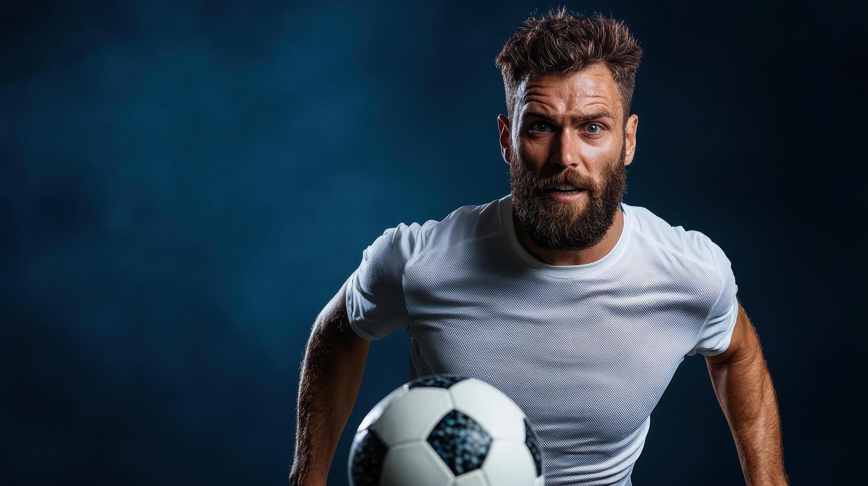 determined soccer player sprints towards camera, showcasing athleticism and focus photo