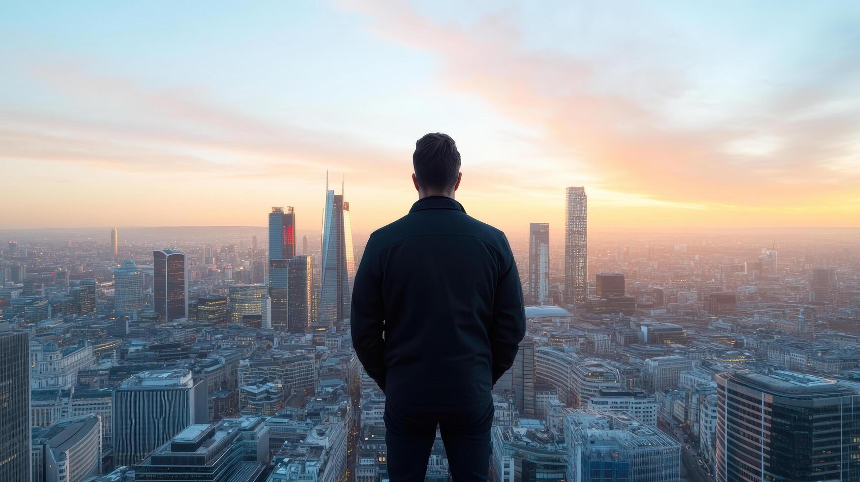 person gazing at stunning city skyline during sunset, reflecting on life and opportunities photo