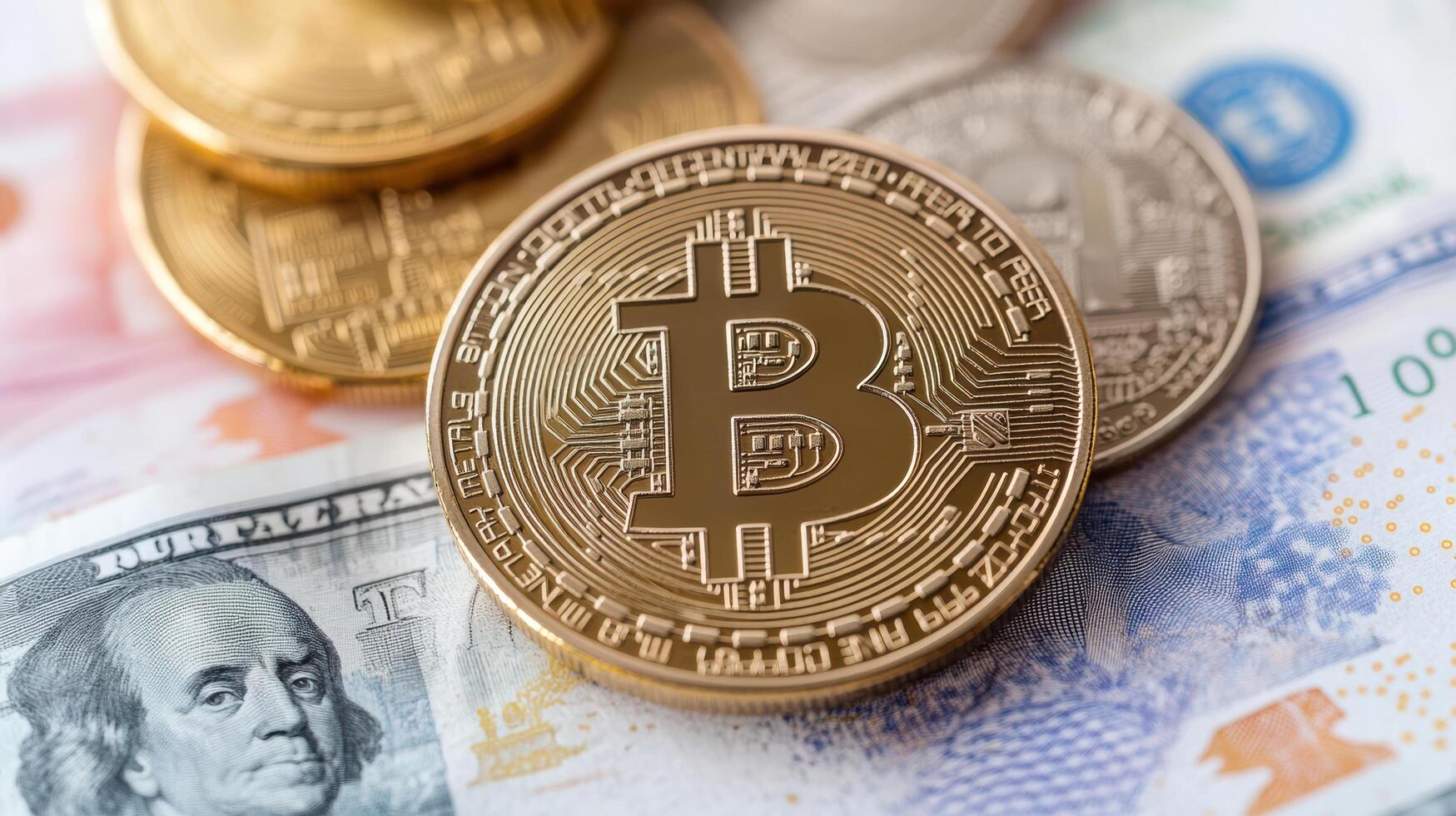 Close up of cryptocurrency coins banknotes, showcasing contrast between digital and fiat photo
