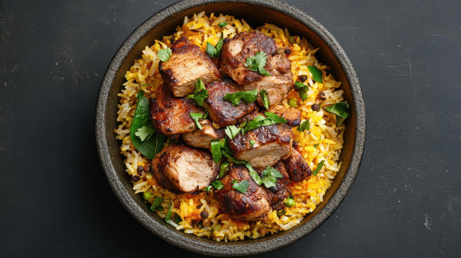 Juicy grilled chicken pieces on flavorful saffron infused rice create delightful dish photo