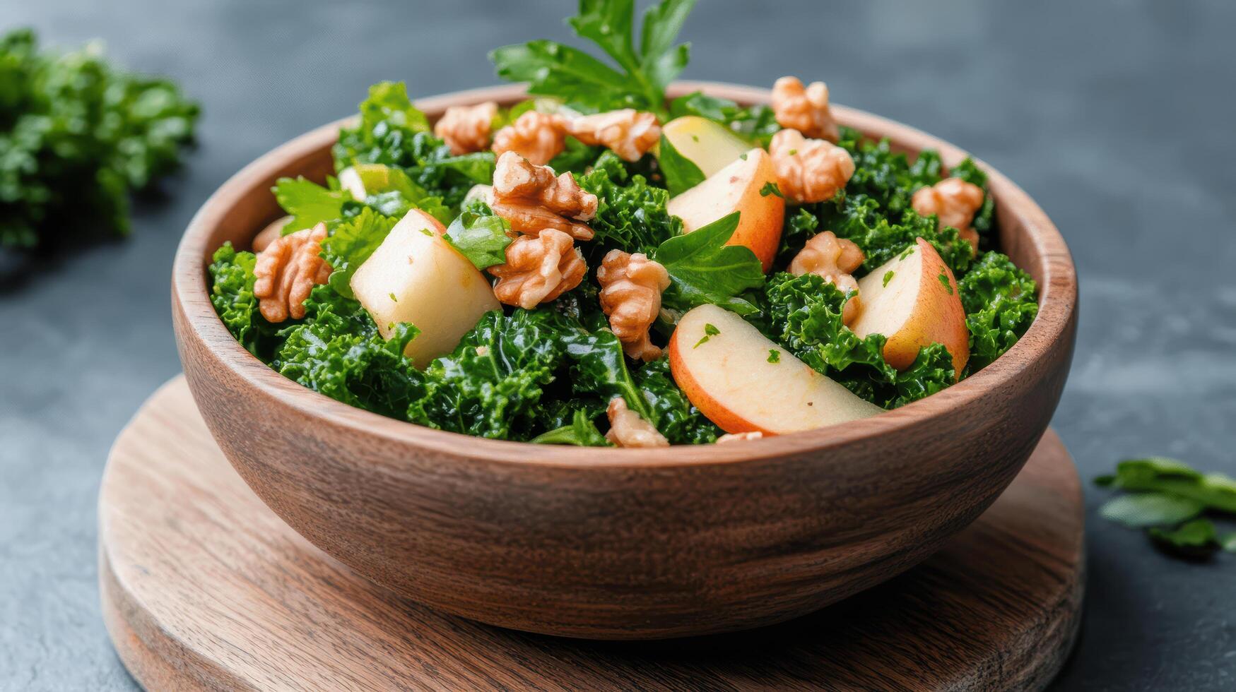 Crisp apple, walnut, and kale salad served wooden bowl, showcasing fresh ingredients and vibrant photo