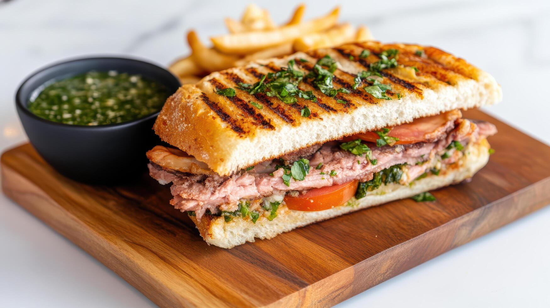 Cuban sandwich with grilled meat, fresh herbs, and side of fries photo
