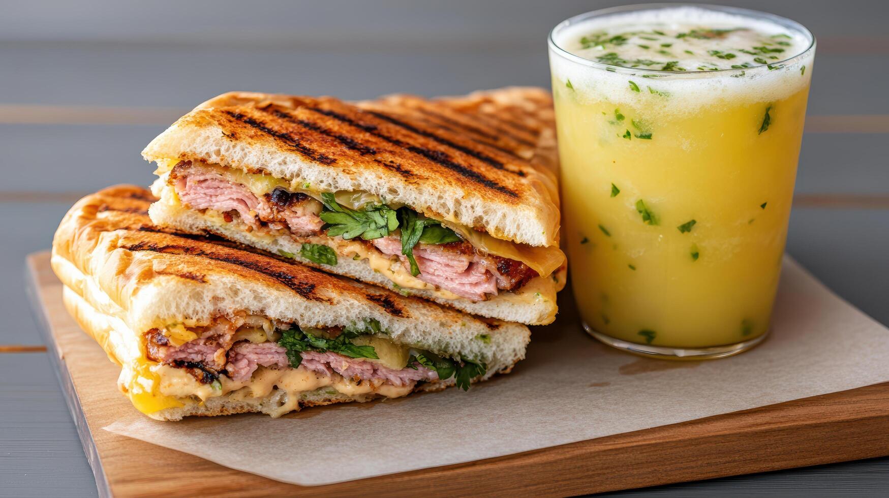 delicious Cuban sandwich with layers of meat and fresh herbs, paired with refreshing drink photo