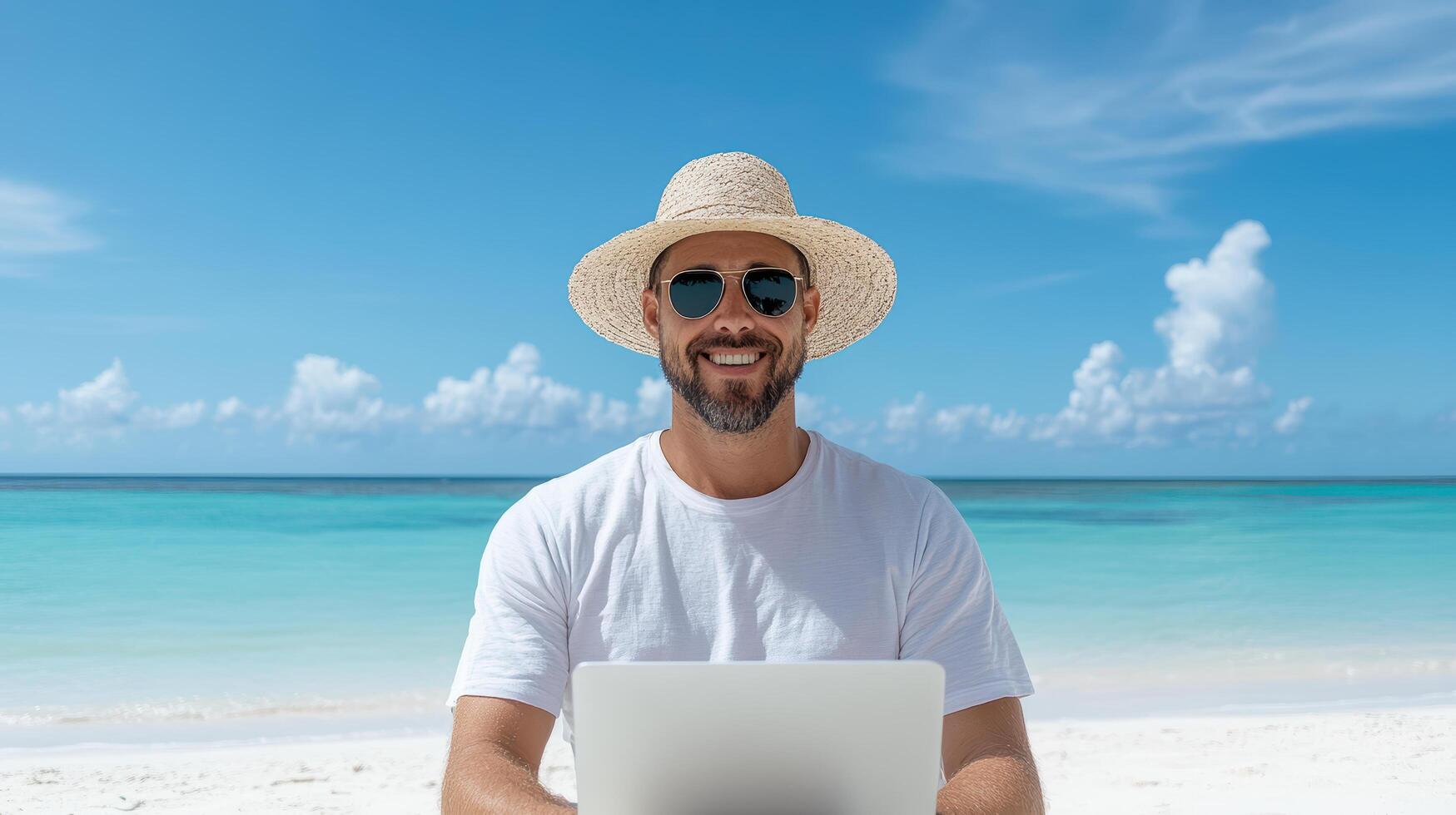 man wearing straw hat and sunglasses smiles while working laptop beach. clear blue sky and photo