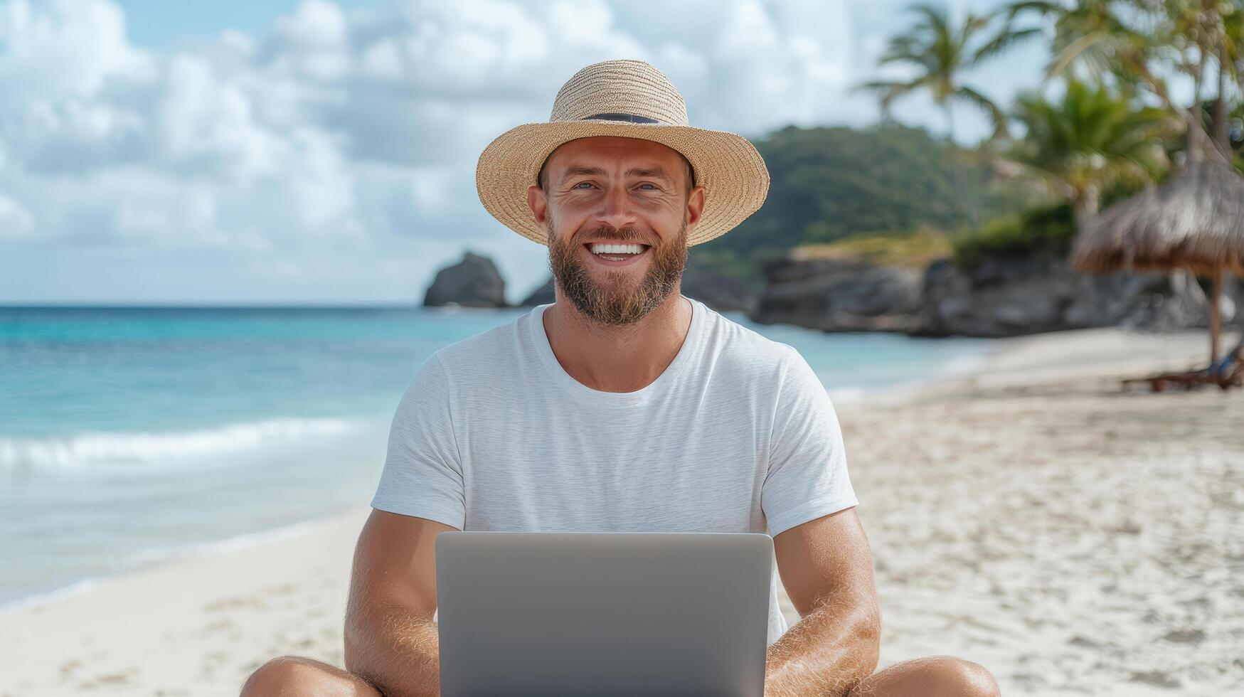 man working on laptop at beach, enjoying sun and sea breeze photo