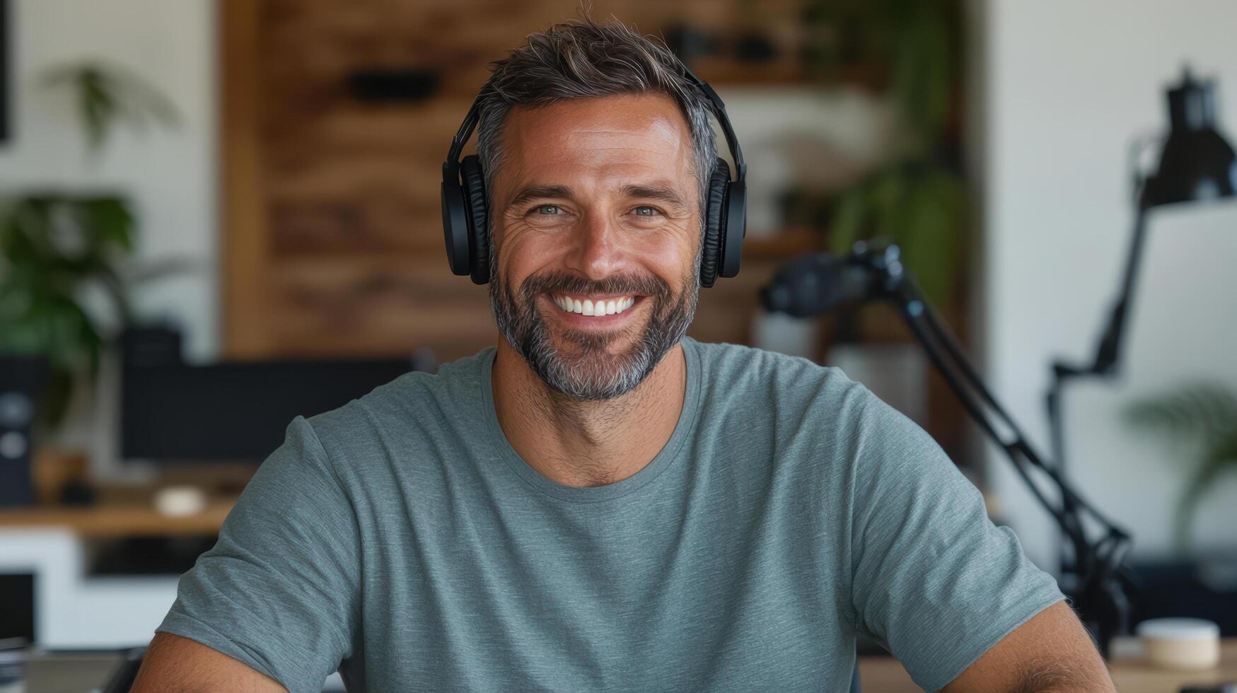 Smiling man wearing headphones in modern workspace, exuding confidence and positivity photo